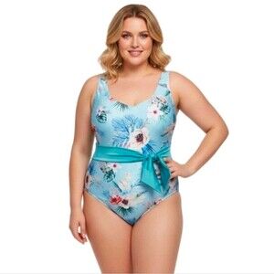 LYSA 2X (22W/24W) Nadia Blue Floral V-neck Swimsuit Open Back Tummy Smoothing